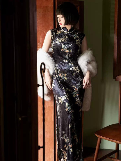 Black Velvet Sleeveless Cheongsam, Traditional Chinese Qipao, long length Daily Wear Prom Dress Ball Gowns