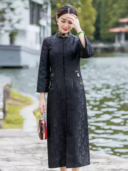 Women Autumn Winter New Style Frog Button Chinese Style Qipao jacket Long Gown Overcoat