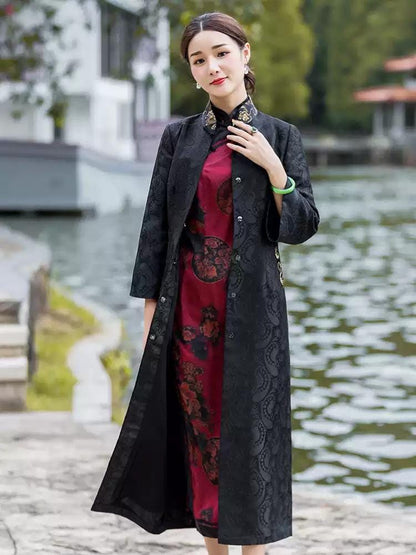 Women Autumn Winter New Style Frog Button Chinese Style Qipao jacket Long Gown Overcoat