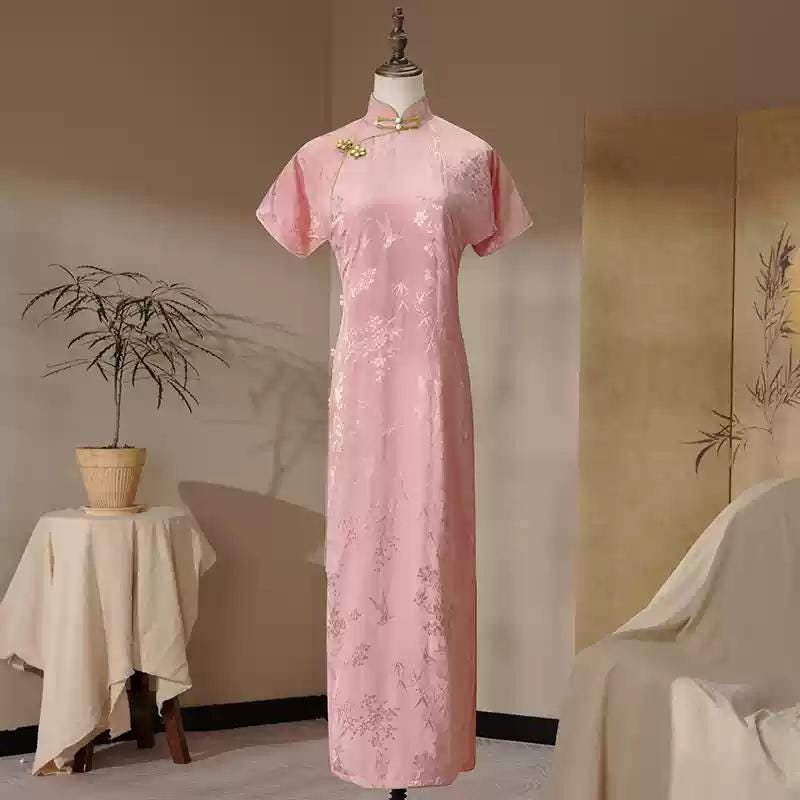 Orange Red Qipao Dress, Tridational Engagement Dress, High-End One-Piece Full Open Front Dress Pink/White Tea Ceremony Cheongsam