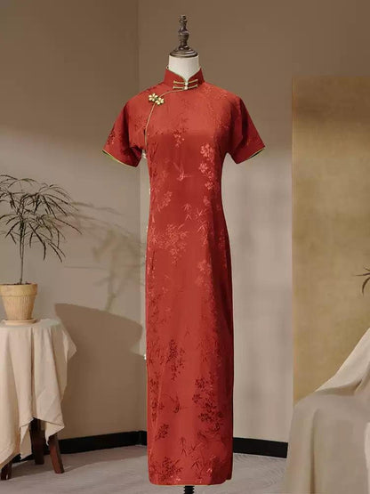 Orange Red Qipao Dress, Tridational Engagement Dress, High-End One-Piece Full Open Front Dress Pink/White Tea Ceremony Cheongsam