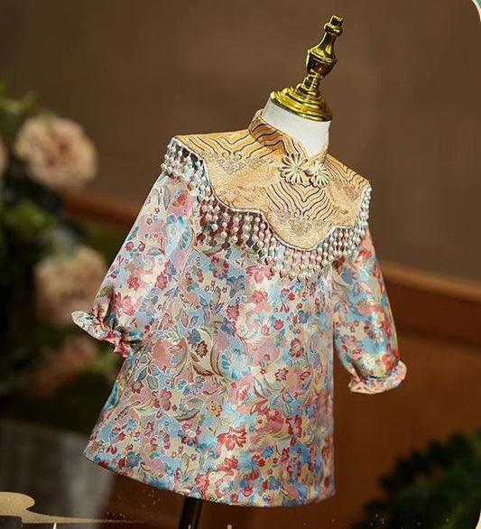 Girl's and Baby girl's first birthday Qipao long-sleeve princess children's host cheongsam flower girl dress New Year outfit