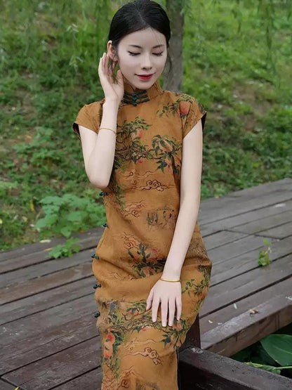 Mulberry Silk Short-sleeved long Cheongsam Qipao Earth Yellow Traditional Dress Evening Gown Floral dress