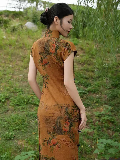 Mulberry Silk Short-sleeved long Cheongsam Qipao Earth Yellow Traditional Dress Evening Gown Floral dress