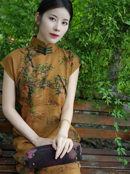 Mulberry Silk Short-sleeved long Cheongsam Qipao Earth Yellow Traditional Dress Evening Gown Floral dress