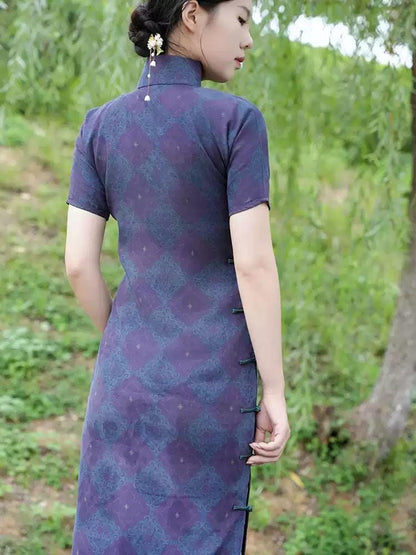 Mulberry Silk Short-sleeved long Cheongsam Qipao Purple Traditional Dress Evening Gown Heavy Silk Dress