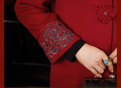 Chinese Style Embroidered Woolen Long Tang Jacket in Burgundy Women Autumn Winter Frog Button Chinese Style Qipao jacket Long Gown Overcoat