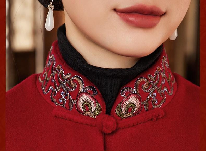 Chinese Style Embroidered Woolen Long Tang Jacket in Burgundy Women Autumn Winter Frog Button Chinese Style Qipao jacket Long Gown Overcoat