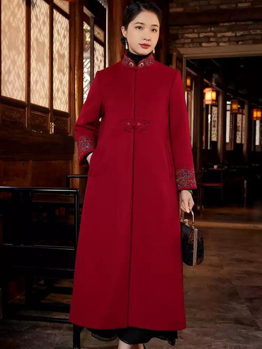 Chinese Style Embroidered Woolen Long Tang Jacket in Burgundy Women Autumn Winter Frog Button Chinese Style Qipao jacket Long Gown Overcoat