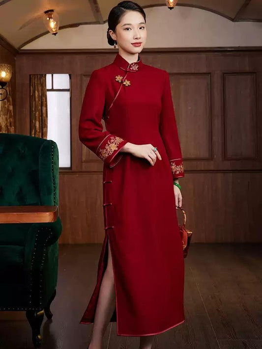 Chinese Style Embroidered Woolen Long Qipao in Burgundy