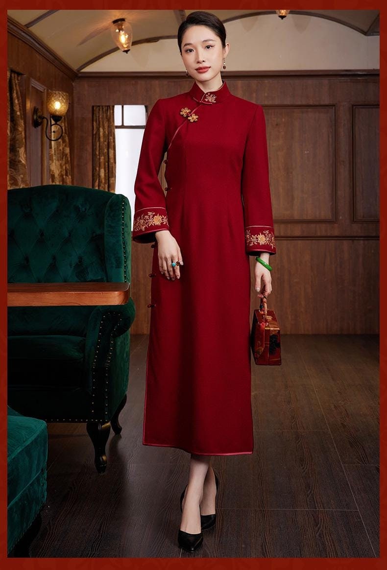 Chinese Style Embroidered Woolen Long Qipao in Burgundy