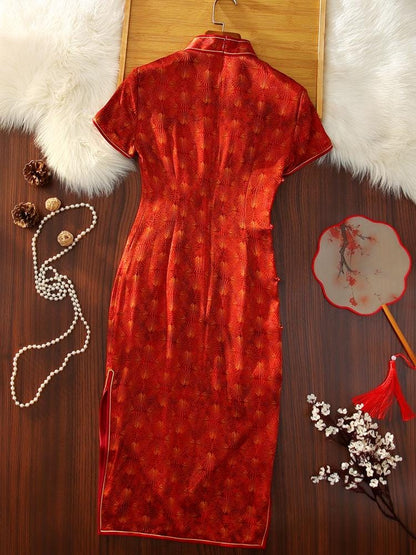 Mulberry Silk Short-sleeved long Cheongsam Orange Red Qipao Traditional Dress Flower Button