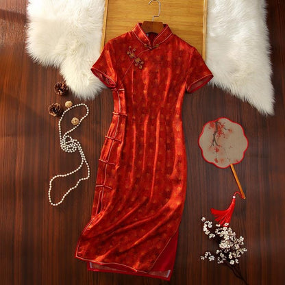 Mulberry Silk Short-sleeved long Cheongsam Orange Red Qipao Traditional Dress Flower Button