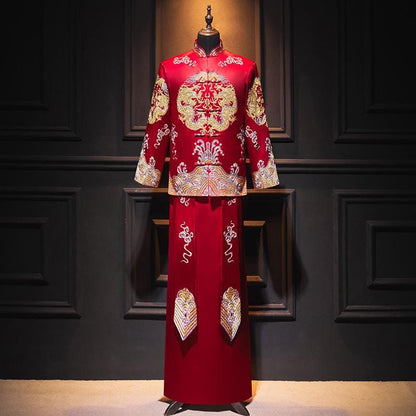 Traditional Chinese Groom Red Wedding Xiuhe Dragon Tea Ceremony For men Red Gown Plus Size Kimono