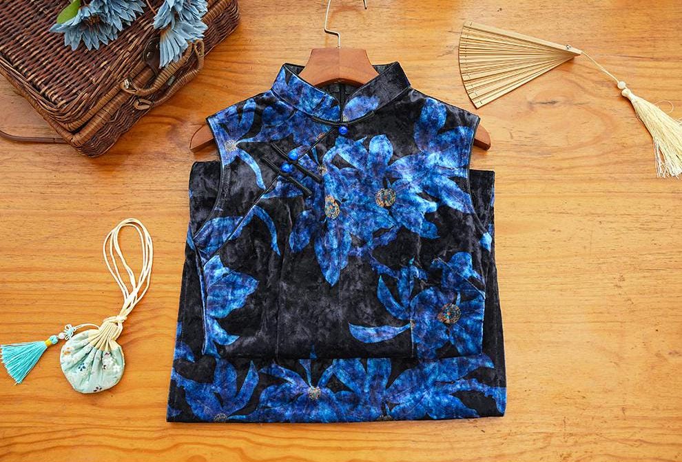 Black Blue Sleeveless Cheongsam, Modern Floral Pattern Chinese Qipao, Chinese Daily Wear Dress Dinner Dress