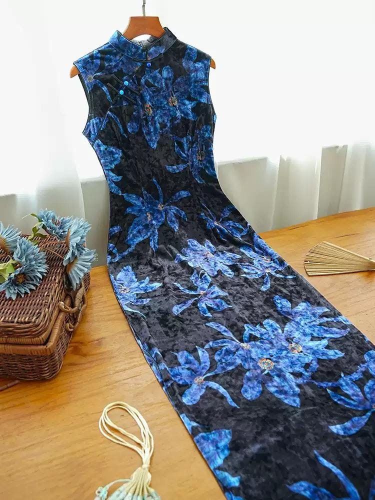 Black Blue Sleeveless Cheongsam, Modern Floral Pattern Chinese Qipao, Chinese Daily Wear Dress Dinner Dress