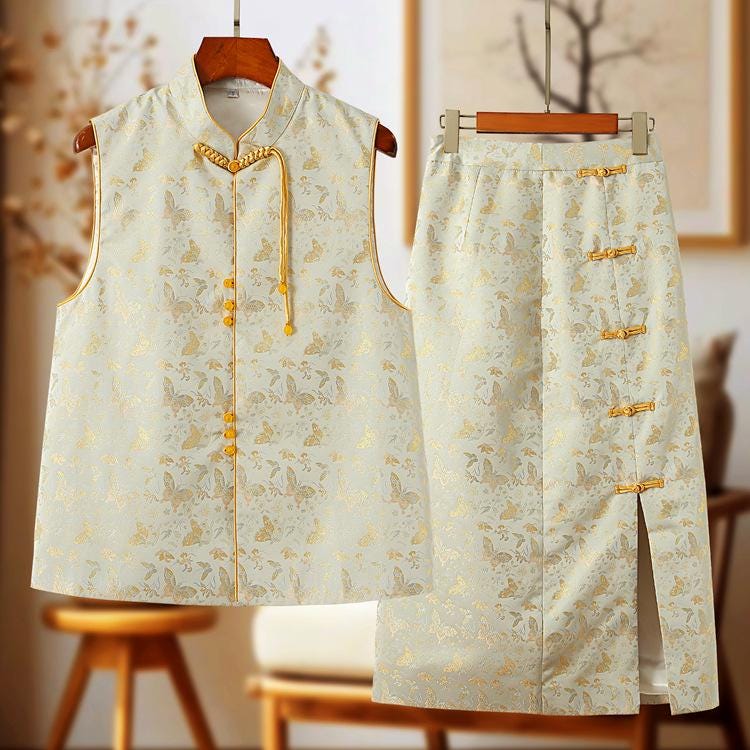 New Chinese Style Autumn/Winter Embroidered Vintage Vest + Half Skirt Artsy Set, Chinese Qipao Set Cheongsam Top Frog Button Blouse