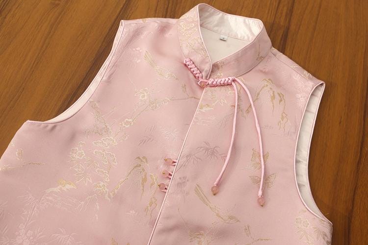 New Chinese Style Autumn/Winter Embroidered Vintage Vest + Half Skirt Artsy Set, Pink Chinese Qipao Set Cheongsam Top Frog Button Blouse