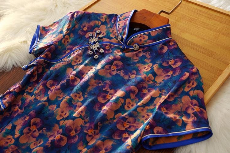 Mulberry Silk Short-sleeved long Cheongsam Deep Blue Qipao Traditional Dress Flower Button