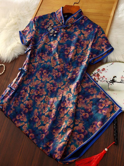 Mulberry Silk Short-sleeved long Cheongsam Deep Blue Qipao Traditional Dress Flower Button