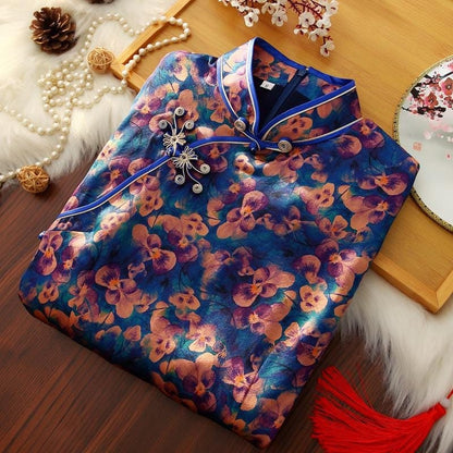 Mulberry Silk Short-sleeved long Cheongsam Deep Blue Qipao Traditional Dress Flower Button