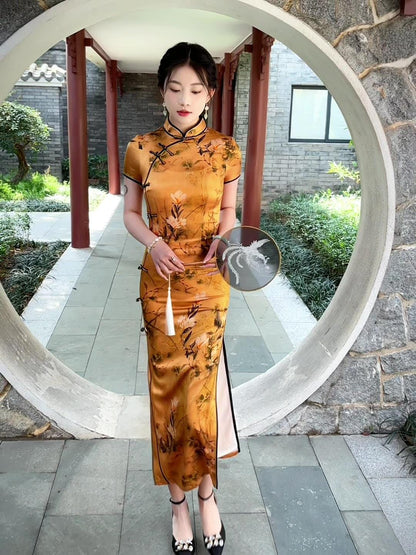 Mulberry Silk Short-sleeved long Cheongsam Earth yellow Qipao Traditional Dress Flower Button