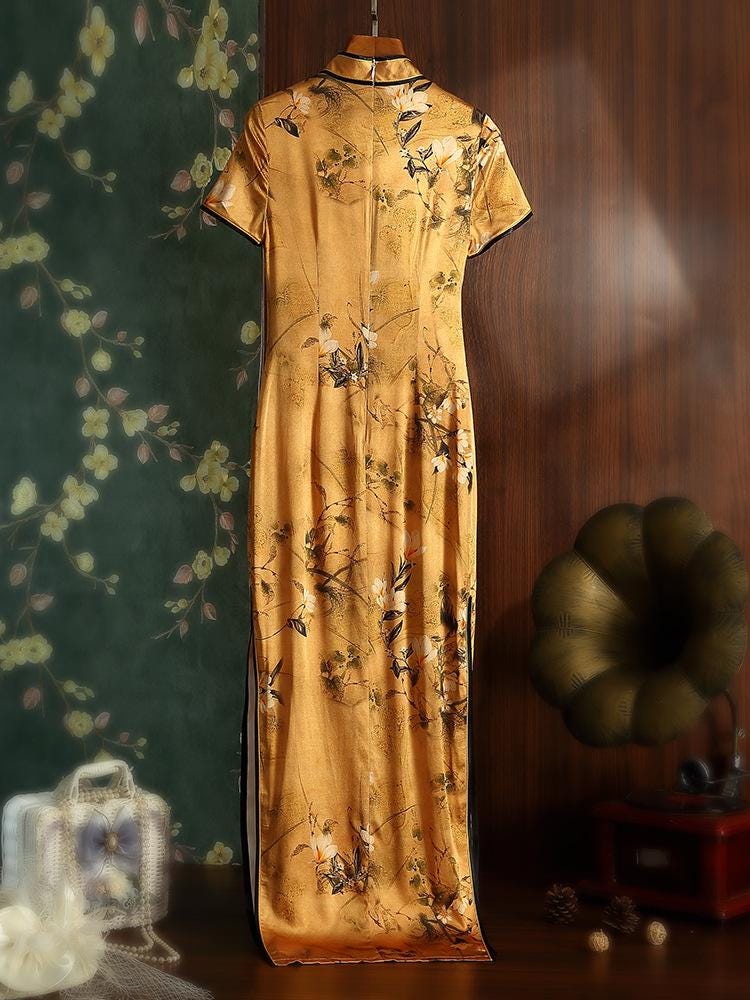 Mulberry Silk Short-sleeved long Cheongsam Earth yellow Qipao Traditional Dress Flower Button