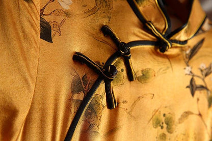 Mulberry Silk Short-sleeved long Cheongsam Earth yellow Qipao Traditional Dress Flower Button