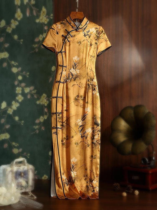 Mulberry Silk Short-sleeved long Cheongsam Earth yellow Qipao Traditional Dress Flower Button