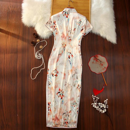 Mulberry Silk Short-sleeved long Cheongsam Chinese Qipao Traditional Dress Flower Pattern