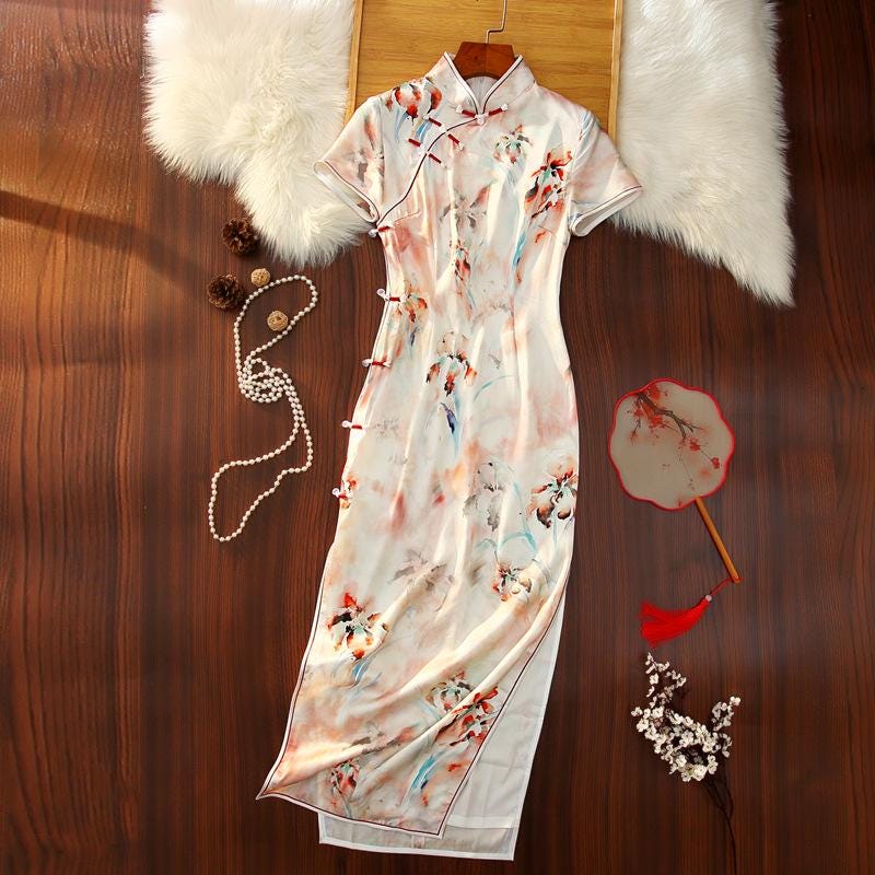 Mulberry Silk Short-sleeved long Cheongsam Chinese Qipao Traditional Dress Flower Pattern