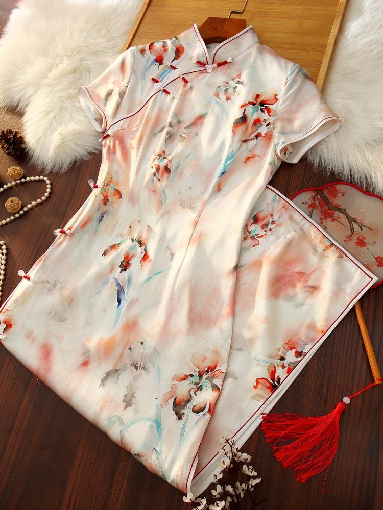 Mulberry Silk Short-sleeved long Cheongsam Chinese Qipao Traditional Dress Flower Pattern