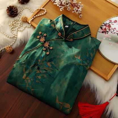 Mulberry Silk Short-sleeved long Cheongsam Dark Green Qipao Traditional Dress Flower Button