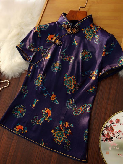 Deep Blue Qipao Shirt for Women, Mulberry Silk Vintage Versatile Top