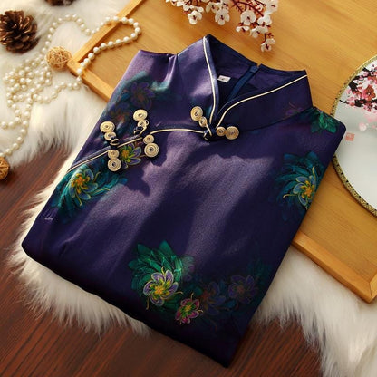 Mulberry Silk Short-sleeved long Cheongsam Dark Blue Qipao Traditional Dress Frog Button