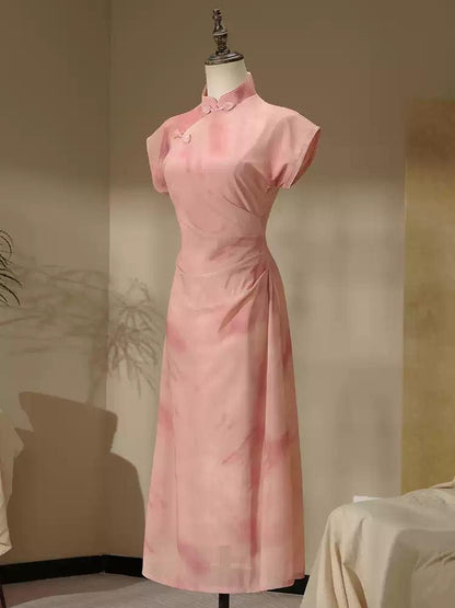 Modern Pink Qipao, Daily cheongsam, Frog Buttons Elegant dress with Mandarin collar Prom Dress Waist-cinching dress