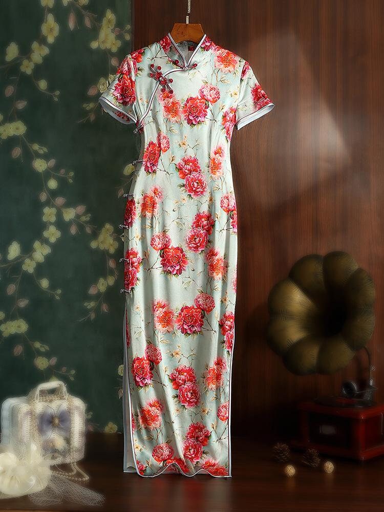 Mulberry Silk Short-sleeved long Cheongsam Peony Pattern Qipao Traditional Dress Flower Button