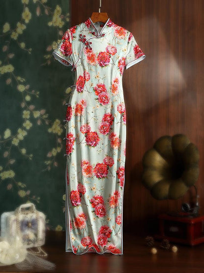 Mulberry Silk Short-sleeved long Cheongsam Peony Pattern Qipao Traditional Dress Flower Button