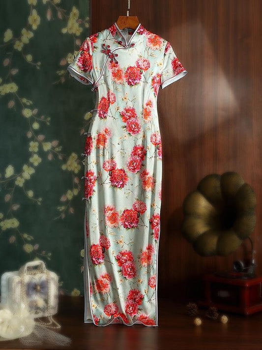 Mulberry Silk Short-sleeved long Cheongsam Peony Pattern Qipao Traditional Dress Flower Button