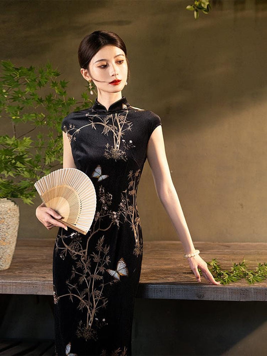 Chinese Modern Cheongsam, Black Velvet traditional Qipao