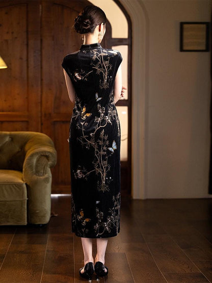 Chinese Modern Cheongsam, Black Velvet traditional Qipao