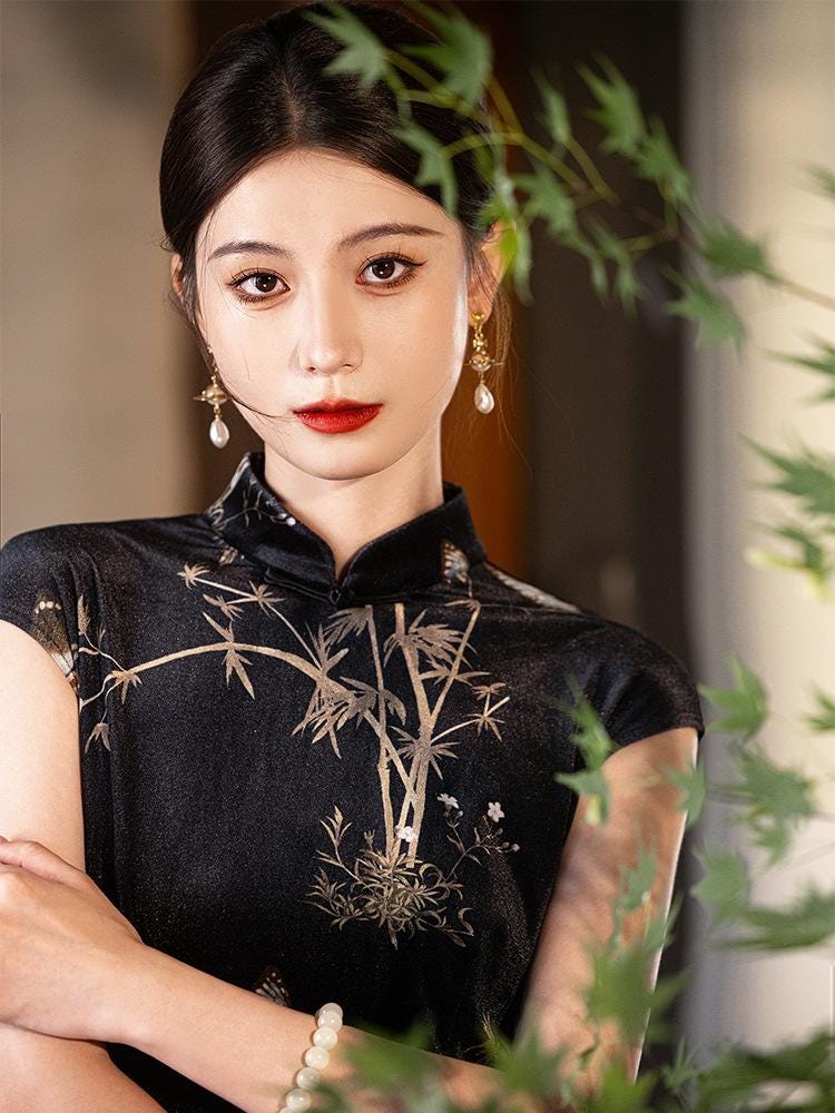 Chinese Modern Cheongsam, Black Velvet traditional Qipao