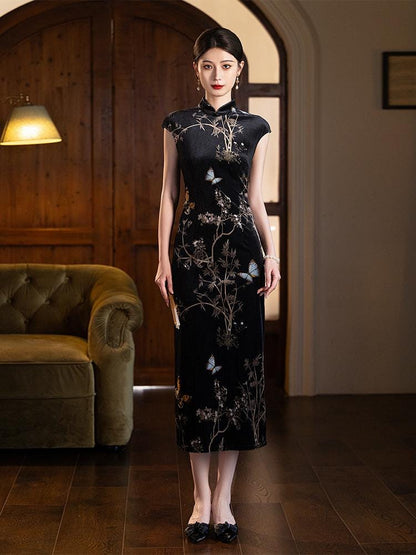 Chinese Modern Cheongsam, Black Velvet traditional Qipao