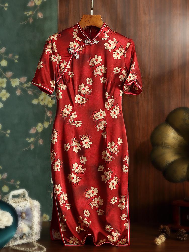 Mulberry Silk Short-sleeved Mid-length Cheongsam Wine Red Qipao Traditional Dress Flower Button