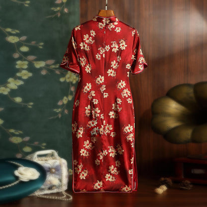 Mulberry Silk Short-sleeved Mid-length Cheongsam Wine Red Qipao Traditional Dress Flower Button