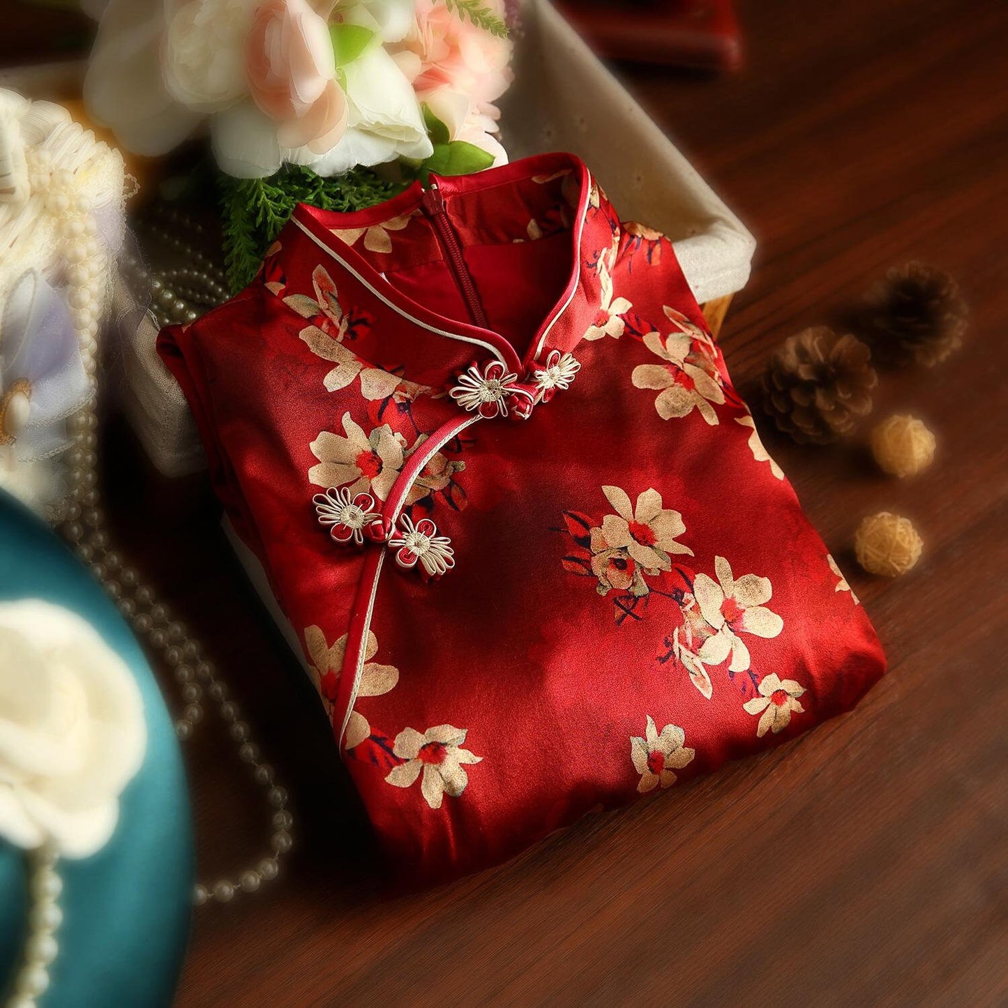 Mulberry Silk Short-sleeved Mid-length Cheongsam Wine Red Qipao Traditional Dress Flower Button