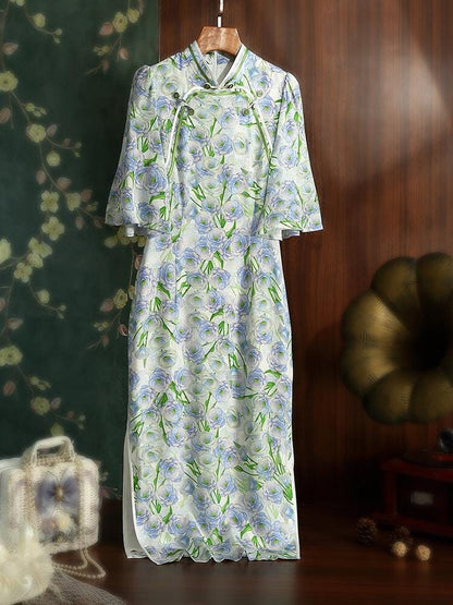 Mulberry Silk Mid-sleeved long Cheongsam Flower Pattern Qipao Traditional Dress