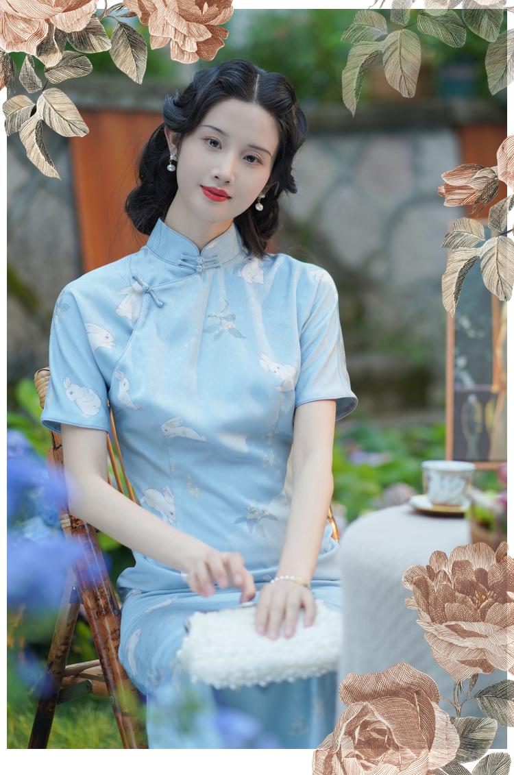 Light Blue Tridational Engagement Cheongsam with Rabbit pattern, One-Piece Prom Dress Modern Chinese Casual Qipao Frog Button Asian Costume