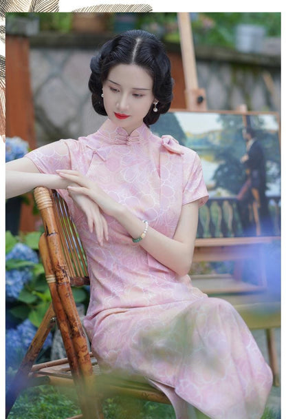 Pink Modern Engagement Cheongsam, One-Piece Tridational Prom Dress Modern Chinese Casual Qipao Frog Button Asian Costume