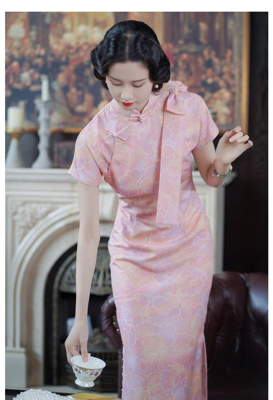 Pink Modern Engagement Cheongsam, One-Piece Tridational Prom Dress Modern Chinese Casual Qipao Frog Button Asian Costume